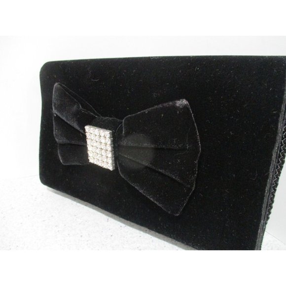 *Vintage Carolyne Barton Black Velvet Rhinestone Bow Evening Wristlet Clutch Bag - Picture 5 of 7